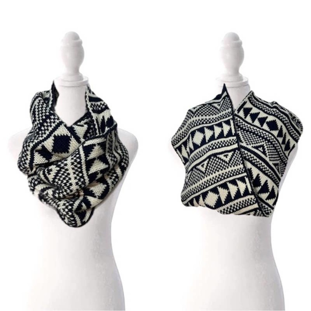 Infinity Scarf Ultra Soft Navy Blue Knit Crochet White Boho Southwestern Pattern